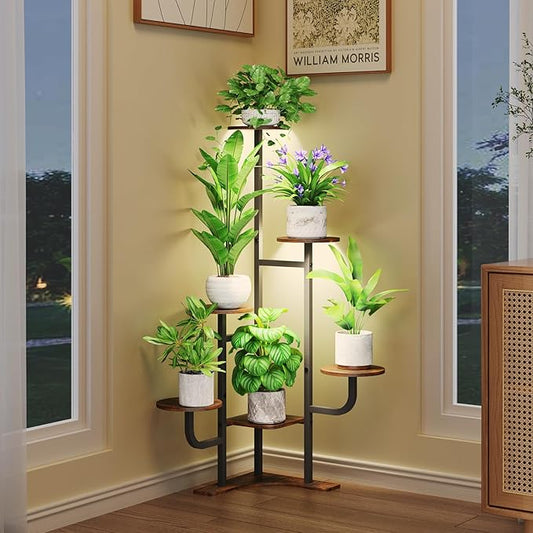 Corner Plant Stand with Grow Light - 6 Tier Plant Stand Indoor Round Metal Plant Shelf with Adjustable Light, Plant Organizer for Living Room, Graden, Home Decor (Brown) Homsorout