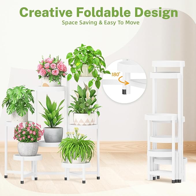 iDavosic.ly 7 Tier Folding Plant Stand Indoor Outdoor with Plastic Tray, Tiered Corner Flower Holder Shelf, Metal Orchid Display Rack for Patio Porch Living Room Garden Balcony, White iDavosicly