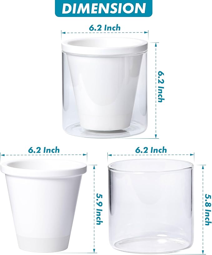 D'vine Dev 6 Inch Design Self Watering Planter for Indoor Plants, White Terracotta Pots with Cylinder Glass Cup, 37-X-B-2 DvineDevPlanterPotsandStand