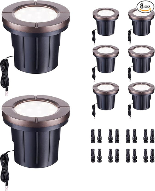 Ground Well Lights, Landscape LED Low Voltage Inground Lights, Outdoor Waterproof IP67, 12V Wired Aluminum ORB for Backyard Wall 6W 580LM 8 Pack Varmtalys