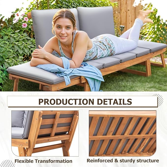 Devoko Outdoor Couch Acacia Wood Patio Couch with Adjustable Armrests, Outdoor Convertible Sofa with Removable Cushions & Pillows for Patio, Porch, Poolside(Grey) DEVOKO