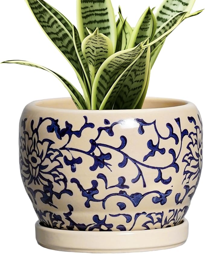 SQOWL Ceramic Flower Pots - 6 Inch Plant Pot Indoor with Drainage Hole and Saucer, Porcelain Ceramic Planter Outdoor, Decorative Round Small Planter, House Decor, Plant Lover Gifts, Blue and Beige SQOWL