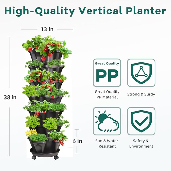 7 Tiered Strawberry Vertical Planter 2 Pack, Stackable Tower Garden Planter Herb Garden Planter with Movable Casters and Bottom Saucer Indoor and Outdoor - Black Tectsia