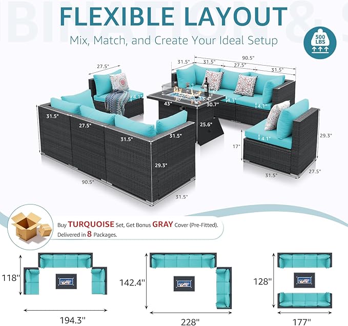 NICESOUL Extra-Large 9 Pcs Outdoor Patio Furniture Set with Fire Pit Table Natural Gas/Propane, 29.3'' High Back Deep Wide Modular Sofa Conversations with Fireplaces, 2 Color Cushion Teal Blue & Grey NICESOUL