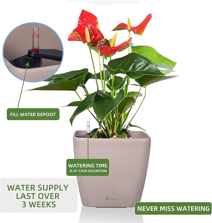 Dexceder 11x10 Self Watering Planter Indoor Outdoor, Inner Mat Design, Thickened Table Flower Plant Pot with Water Level Indicator (Taupe Matte) Dexceder