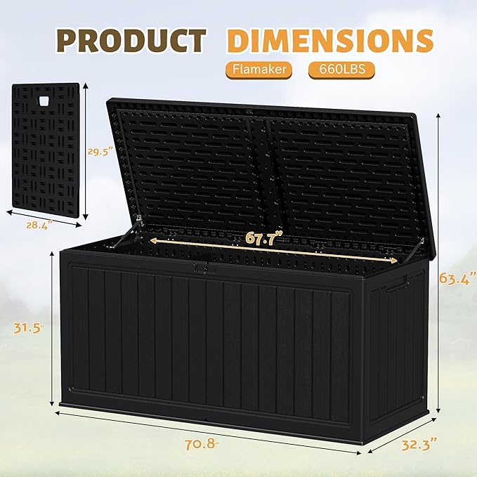 Flamaker Resin Deck Box 270 Gallon, Waterproof Imitation-Wood Lockable Storage Box with Separator Plate Outdoor Indoor, Garden, Patio Furniture for Tools&Pool Accessories (Black) Flamaker