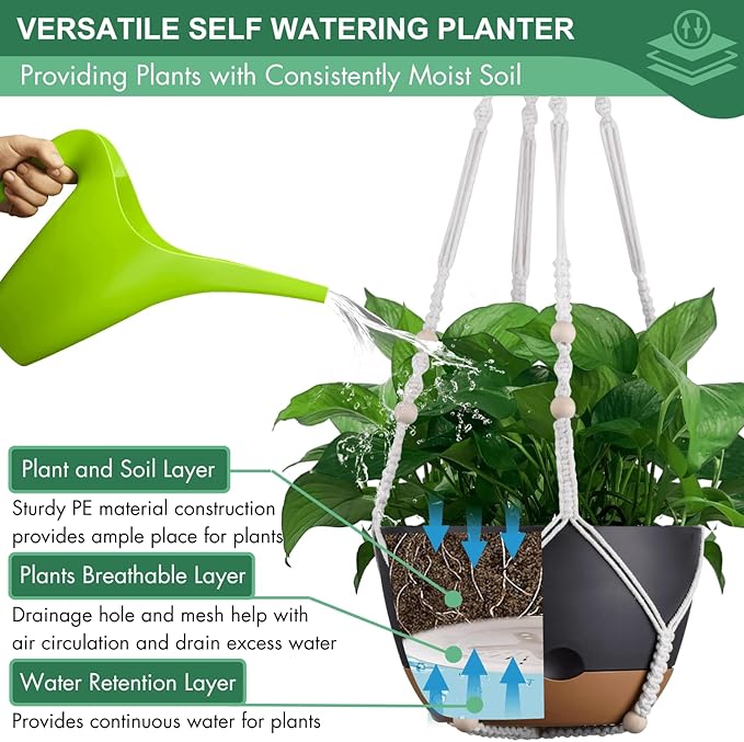 Set of 2-10 Inch Hanging Planters for Indoor Plants with Self-Watering Includes Hanging Pots for Plants, Outdoor Hanging Plant Pot with Drainage, and 2 Types of Hanging Baskets Hangers (Black, 10inch) Montresor