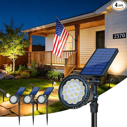DBF Solar Outdoor Lights, 600LM Solar Spot Lights Outdoor Waterproof, 18 LED Auto On/Off Landscape Lighting Flag Pole Light for Garden Yard Pathway Garage Pool Patio(Warm White, 4 Pack) DBF