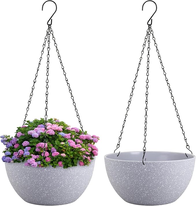 8 inch Small Hanging Planters for Indoor Outdoor Plants, 2 Pack Hanging Flower Pots with Drainage Holes and Chain for Garden Porch, Plastic Hanging Baskets for House Plants, Speckled Grey Meowell