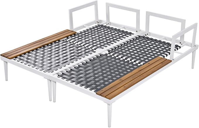 Outdoor Patio Metal Daybed with Wood Topped Side for Drinks, 2 in 1 Padded Chaise Lounge Chair with Cushions & Pillows, Outdoor Double Sun Lounger for Lawn Garden Poolside, Beige RuiSiSi