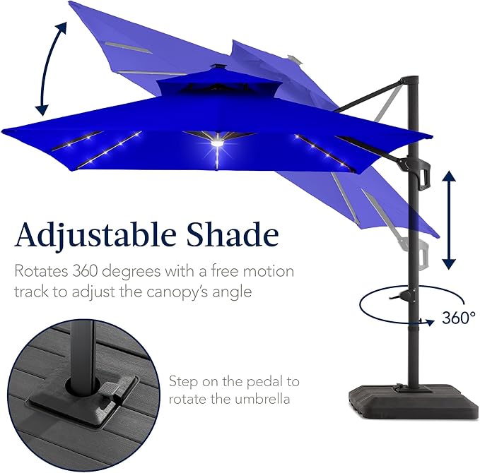 Best Choice Products 9x12ft LED Cantilever Patio Umbrella w/Base Included & 360° Rotation, Large Solar Offset Hanging Outdoor Sun Shade for Deck, Backyard Table w/Stand & Lights – Resort Blue BestChoiceProducts