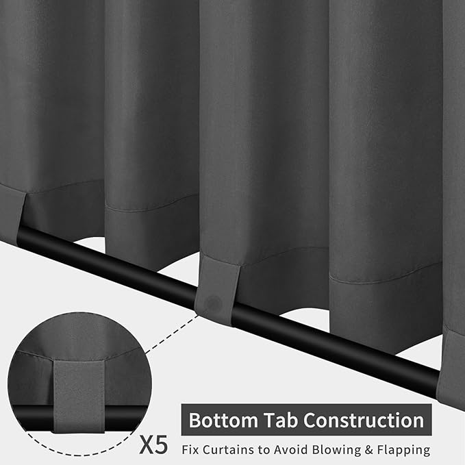 Easy-Going Outdoor Patio Curtains Detachable Tab Top Windproof Weatherproof Curtain for Cabana, Porch, Pergola and Gazebo, Tab Bottom Drape, 2 Panels, 110W x 108L inch, Gray Easy-Going
