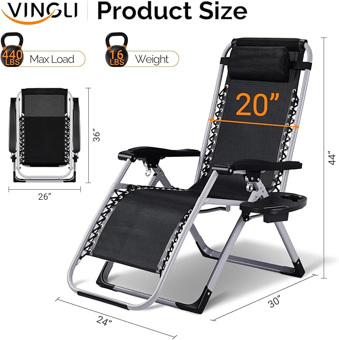 VINGLI Padded Zero Gravity Chair, Lounge Chair with Removable Cushion & Tray， Folding Reclining Patio Chairs， Recliner Chair for Lawn，Indoor Outdoor-Black VINGLI