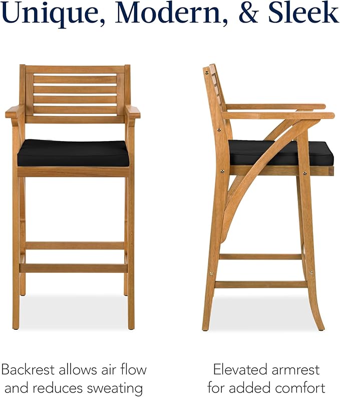 Best Choice Products Set of 2 Outdoor Acacia Wood Bar Stools Bar Chairs for Patio, Pool, Garden w/Weather-Resistant Cushions - Black BestChoiceProducts