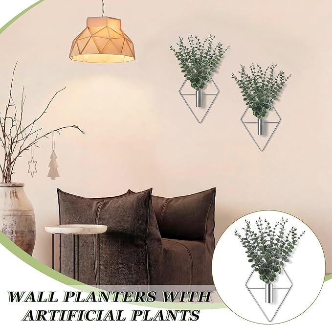 Jexine 4 Pcs Hanging Planters with Artificial Eucalyptus Metal Hanging Vase Indoor Plants Holder Modern Geometric Boho Bathroom Wall Decor for Living Room Home Office (Eucalyptus,Silver) Jexine