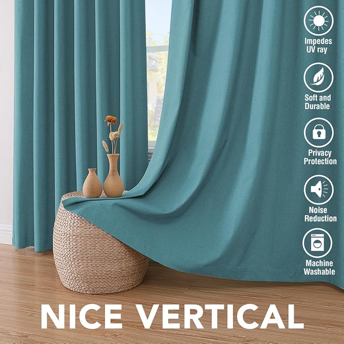 H.VERSAILTEX Linen Blackout Curtains 63 Inches Long 100% Absolutely Blackout Thermal Insulated Textured Linen Look Curtain Draperies Anti-Rust Grommet, Energy Saving with White Liner, 2 Panels, Teal HVERSAILTEX
