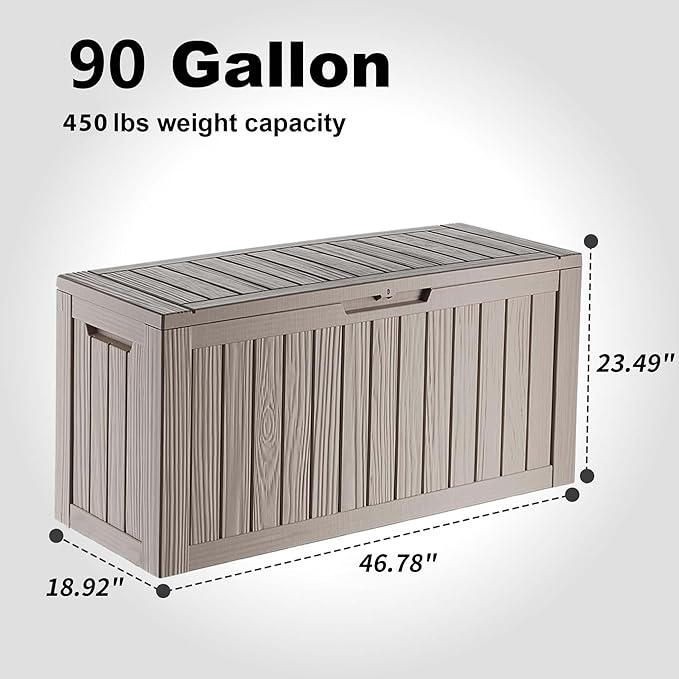 90 Gallon Outdoor Storage Box - Deck Box Container for Patio, Pool, and Garden-Waterproof and UV Resistant Resin,Lockable (Grey) MAIUSCOLI