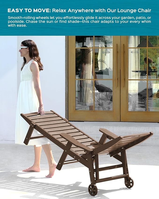 Ciokea Outdoor Lounge Chair Set of 4, All Weather Patio Chaise Lounge Chair for Outside, HDPE Chair with Rolling Wheels & Cup Holder, 5 Position, Deck, Pool, Dark Brown CIOKEA