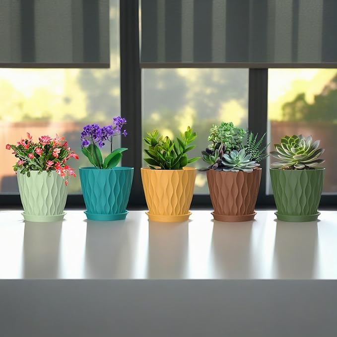 4 Inch Plant Pots, 6 Pack Indoor Flower Pots, Planters with Drainage Holes and Trays for Orchids, Violets, Succulents, Herbs, and Other Plants,Corolful SQKH