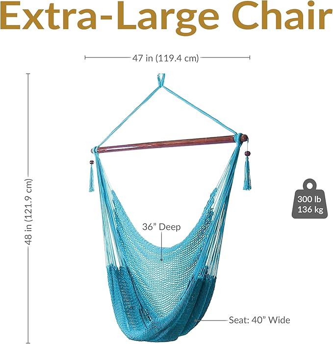 Sunnydaze Outdoor Hammock Chair Swing - Hanging Hammock Swing - Hanging Reading Chair - Soft-Spun Polyester Rope - Caribbean XL - Sky Blue SunnydazeDecor