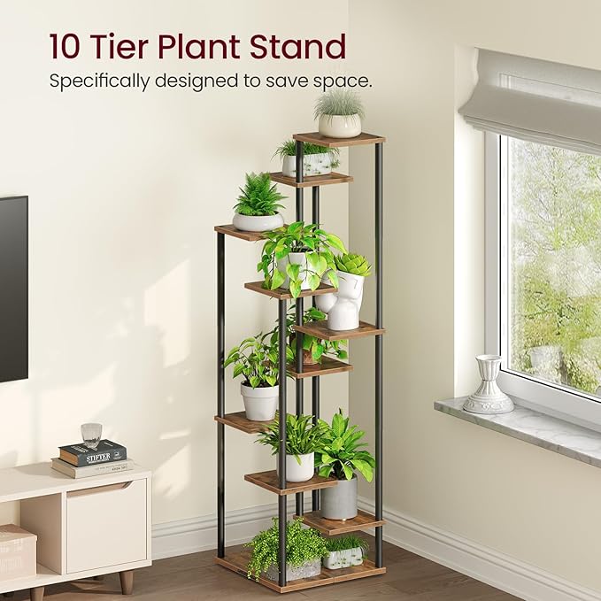 10 Tier Plant Stand Indoor, Tiered Corner Plant Shelf Flower Stand for Living Room, Balcony, Patio, Garden, Rustic Brown Yzosvki