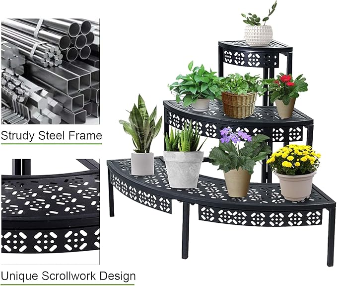 3 Tier Plant Stand Semi-Circular Flower Pot Organizer Rack Quarter Round Plant Display Holder Outdoor Storage Shelves Metal Corner Shelf Planter Shelving Ladder Plant Stand for Indoor Use(Black) Garden4you