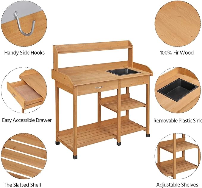 Yaheetech Potting Bench Outdoor Garden Work Bench Station Planting Solid Wood Construction for Horticulture w/Sink Drawer Rack Shelves Natural Wood Yaheetech