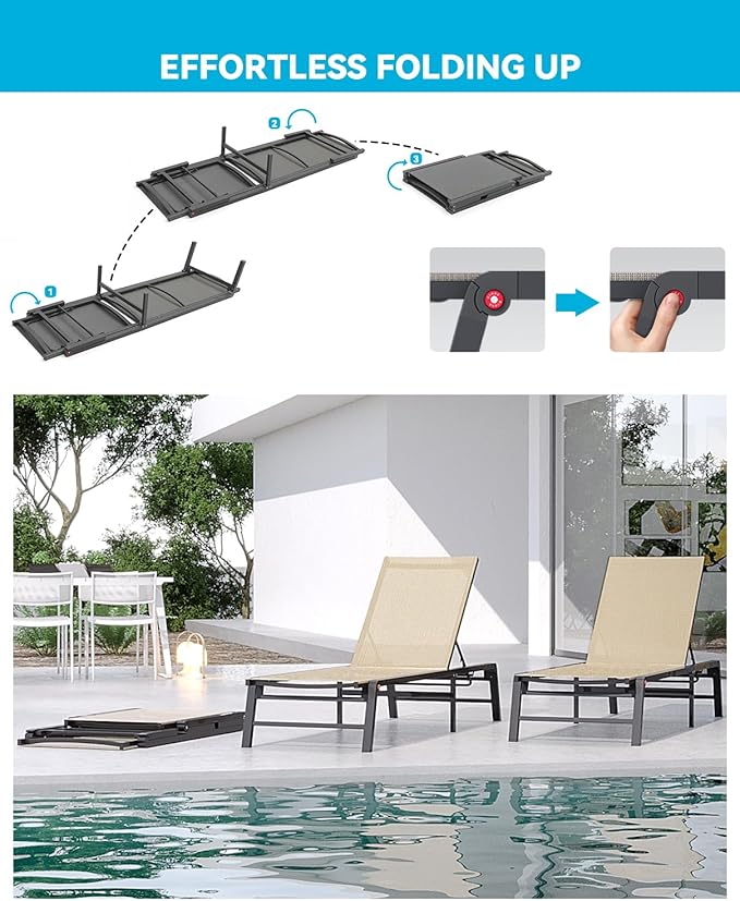Chaise Lounge Chair Outdoor Aluminum Patio Lounge Chair with 5 Adjustable Positions Folding Pool Lounge Chairs Assemble-Free Beach Lounge Chair for Patio, Pool, Indoor and Outdoor Flaxen Rootora