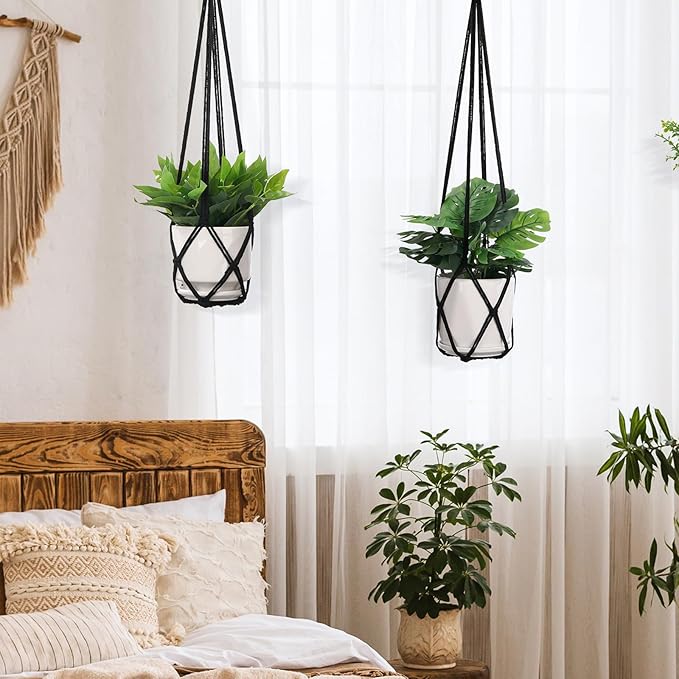 YIBOT Macrame Plant Hanger Indoor Set of 2 with 2 S Hooks, Indoor Outdoor Hanging Planter for Plants Holder with Decorative No Tassels, Boho Home Decor, 35 Inch, Black (Pots Not Included) YIBOT