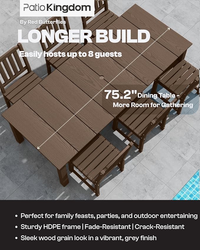 9-Piece Outdoor Dining Set for 8, 75.2'' HDPE Table with Umbrella Hole & Chairs, Weather-Resistant Patio Furniture for Lawn, Yard, Balcony, Deck (Brown) PatioKingdom
