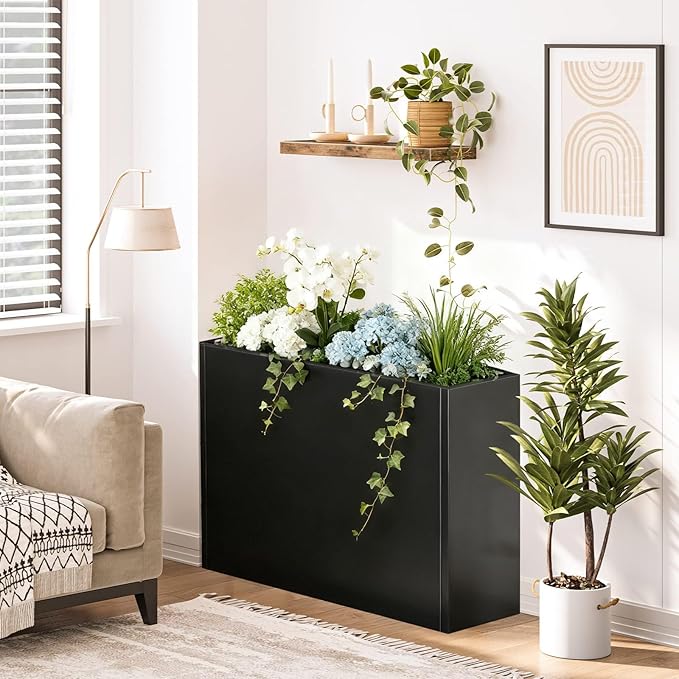 Metal Large Planter Box 38" L x 13" W x 30" H, Heavy Duty Tall Rectangle Outdoor Planter Box with Removable Insert Shelves for Porch, Garden, Patio, Yard (Black) Baotree