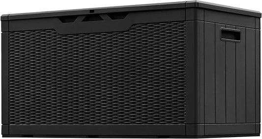 Greesum 100 Gallon Resin Patio Storage Box for Garden Tools, Outdoor Furniture Cushions, Pool Supplies, Black BuynowfromGreesum