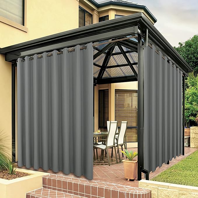 BONZER Waterproof Outdoor Curtains for Patio Porch Pergola Cabana Thick Privacy Extra Wide Grommet Indoor Curtains for Bedroom Living Room, 1 Panel, 150W x 108L inch, Grey Bonzer