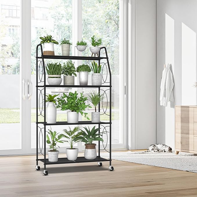 4 Tier Plant Stand with Wheels, Plant Shelf for Indoor Outdoor, Heavy Duty Metal Tall Plant Stands Holder Rack for Living Room Balcony and Garden, Black VyGrow