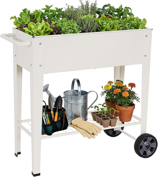 Elevated 32" Tall Raised Garden Bed with Legs and Wheels for Mobility, Metal Planter Boxes Outdoor with Shelf, Raised Bed for Gardening Vegetables/Herbs, Backyard, Patio, Balcony, White BIRDSINYARD