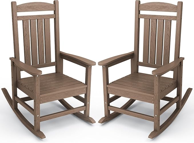 KINGYES Outdoor Rocking Chair Set of 2, High Density Polyethylene Patio Rocking Chairs with 330lbs Support for Adults, Brown KINGYES