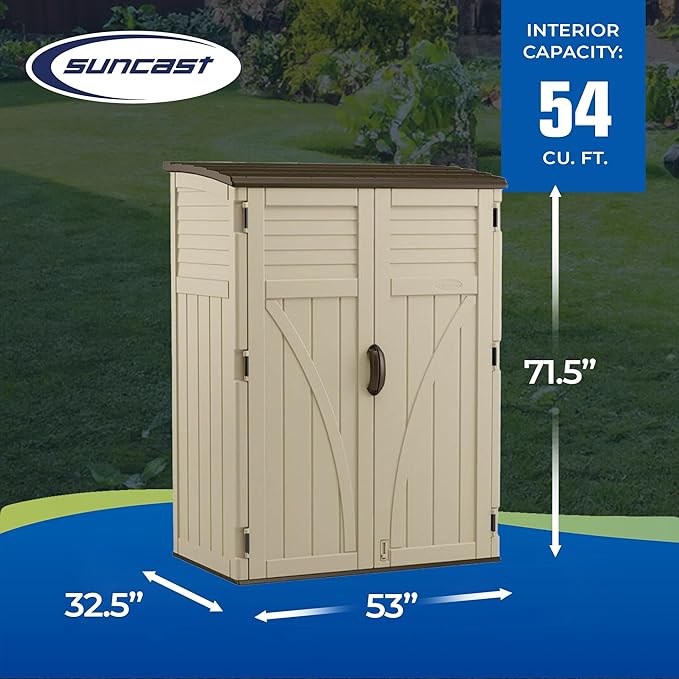 Suncast Outdoor Storage Shed, Water Resistant Resin Vertical Outdoor Storage Cabinet for Patio, Garden Tools, Cushions, & Equipment, Weatherproof Multi-Wall Design, 54 cu. ft., Made in USA Suncast