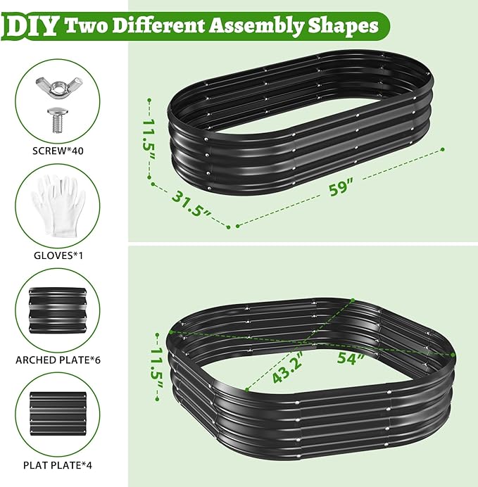 Oval Galvanized Planter Box, Metal Raised Garden Bed - 0.8MM Thick- Ideal for Outdoor Gardening and Planting of Vegetables Flowers Fruits Succulent Plants and Others (Black, 5X2.7X1 FT) TBMLC