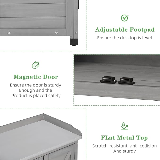 Outdoor Potting Bench with Storage Cabinet and Metal Top, Wood Workstation for Outdoor Patio, Garden (Classic Grey, 31.5x17x39‘’) Wood-Natrl