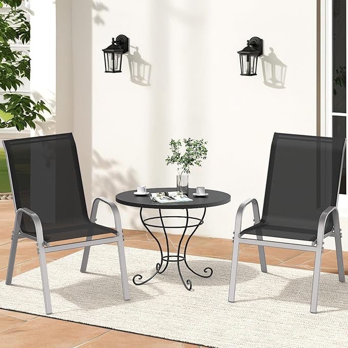 Patio Chairs Set of 2, Easily Set Up Stackable Outdoor Dining Chairs with High Back and Wide Seat, All Weather Breathable Outdoor Chairs Set of 2 with Metal Frame for Backyard Deck Pool, Black Dovov