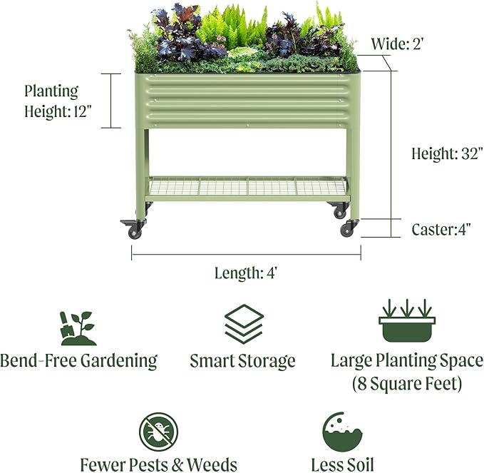 Rolling Elevated Raised Garden Bed-V Series, 2' x 4' Garden Beds with Legs & Storage Rack for Patio & Porch, 700 Lbs Weight Capacity, Outdoor Planter Box for Vegetables Flower Herbs, Modern Gray VegoGarden