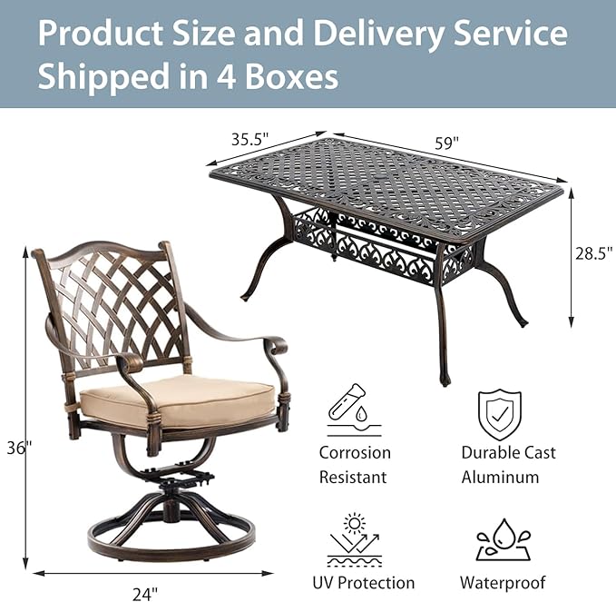 7-Piece Cast Aluminum Patio Furniture, Patio Dining Set for 6 Include 59" Rectangular Outdoor Dining Table and 6 Swivel Chairs with Cushions & Umbrella Hole(Bronze) Rootora