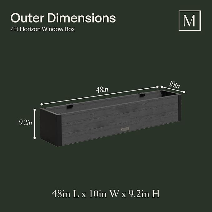 Mayne Horizon 4FT Window Box Planter – Modern Rectangular Faux Wood Grain Design for Windows, Durable All-Season Outdoor Flower Box with Drainage, Easy Installation Mayne