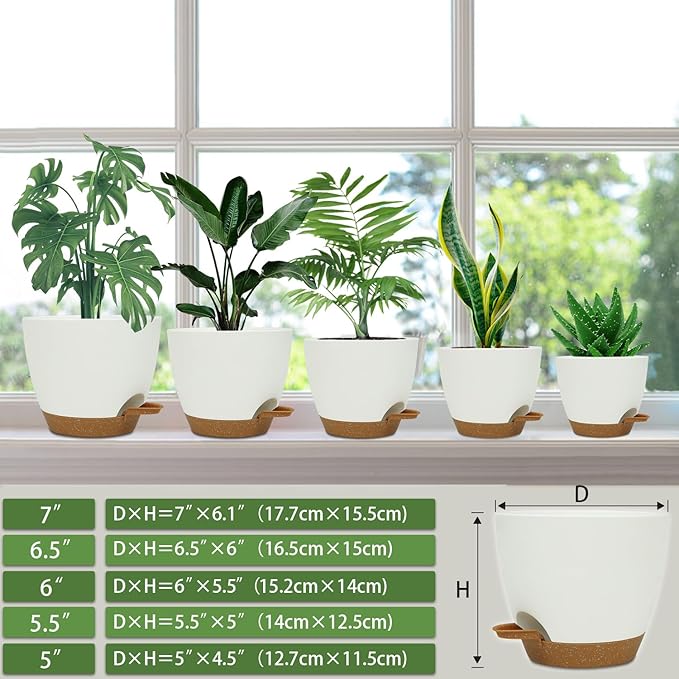 Self Watering Planters with Drainage Holes Reservoir,Nursery Planting Pot for Indoor Decor Garden Plants Succulents,Snake Plant, African Violet,Plastic Flower Pots Set 7+6.5+6+5.5+5 Inch (White) STSTECH