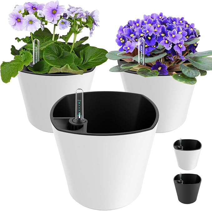7 inch Plant Pots 3-Pack, Self Watering Flower Pots Indoor Outdoor, African Violet Pots Planters with Drainage Hole Saucer Reservoir, White GsGardenSpecialty
