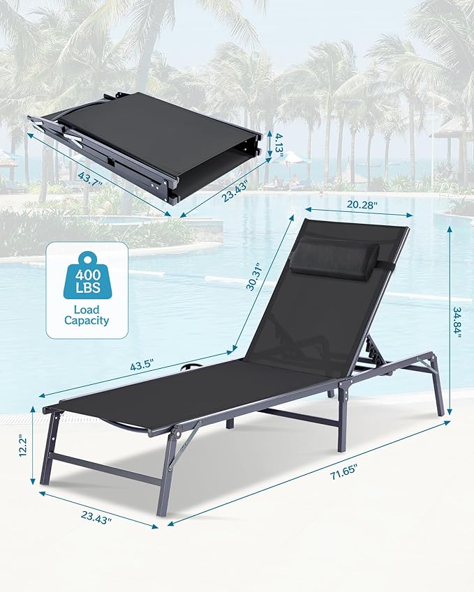 Foldable Chaise Lounge Chair with Cup Holder, Assemble-Free Outdoor Lounge Chair with Detachable Pillow and 6 Adjustable Backrest, Patio Lounge Chair for Outside Poolside Beach Pool, Black HOMELYM