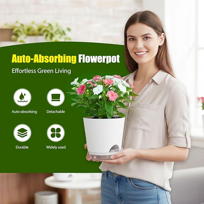 Plant Pots 8 Inch Self Watering Pots, 2 Pack Plastic Planters with Drainage Holes and Clear Saucers,Plastic Flower Pots for Indoor Out Door Plants(White) SQKH