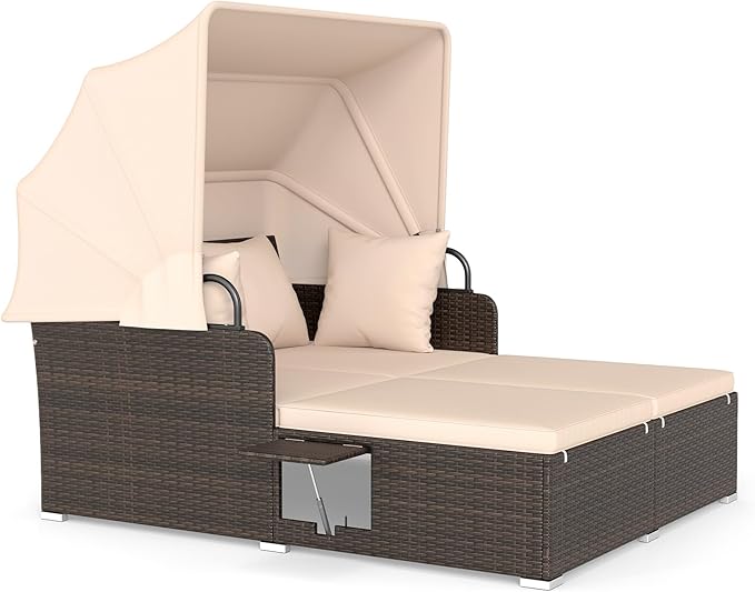 ORALNER Outdoor Daybed, 2-Person Wicker Patio Sofa with Retractable Canopy, Cushions & Pillows, 2 Side Trays, PE Rattan Double Sunbed for Deck Poolside Garden Balcony Backyard (Beige, Mix Brown) ORALNER