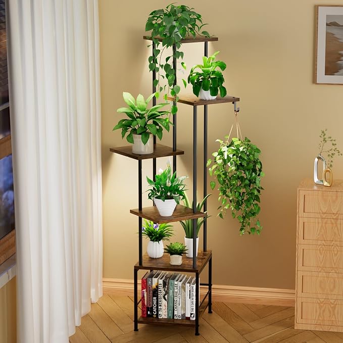 Plant Stand Indoor with Grow Light, 6-Tiered Tall Plant Stand Indoor, Metal Plant Shelf with Hanging Basket Hook and Adjustable Light, Ideal for Living Room, Garden, Patio, （Brown and Black） Homsorout