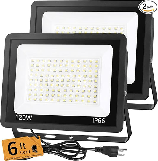 120W LED Flood Light Outdoor with 6ft Plug, 14400LM Brighter Exterior Security Lights, 5000K Daylight LED Work Light, IP66 Waterproof for Yard, Garage, Stadium, Lawn, 2 Pack YAYIT